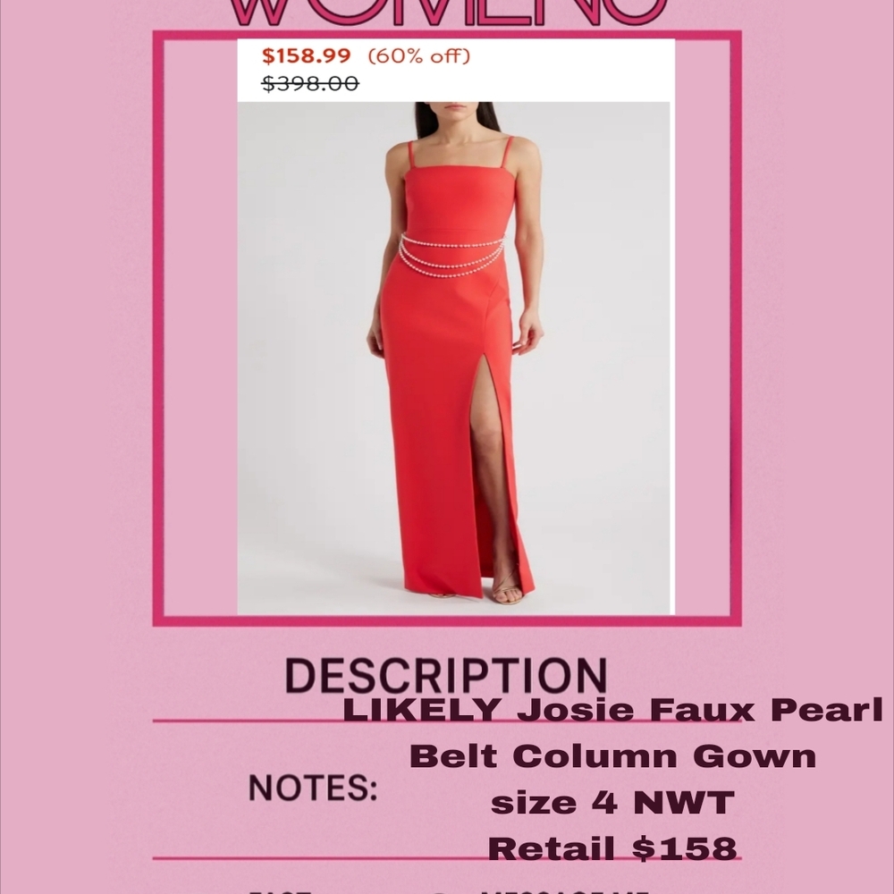Likely Josie Faux Pearl Belt Column Gown With Pearl Detail NWT